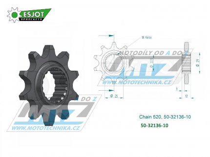 Koleko etzov (pastorek) 32136-10zub ESJOT 50-32136-10 - Gas-Gas Trial TXT Pro+TXT Contact+TXT GP+TXT Racing+TXT Raga+ TXTFactory / 02-22 + TXT125+200+249+250+280+300+321 + 50TXT Rookie + Vertigo Combat + TRS One / 16-18 + Polaris 330 Trail Blaze