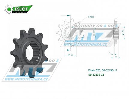 Koleko etzov (pastorek) 32136-11zub ESJOT 50-32136-11 - Gas-Gas Trial TXT Pro+TXT Contact+TXT GP+TXT Racing+TXT Raga+ TXTFactory / 02-22 + TXT125+200+249+250+280+300+321 + 50TXT Rookie + Vertigo Combat + TRS One / 16-18 + Polaris 330 Trail Blaze