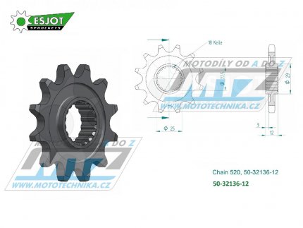 Koleko etzov (pastorek) 32136-12zub ESJOT 50-32136-12 - Gas-Gas Trial TXT Pro+TXT Contact+TXT GP+TXT Racing+TXT Raga+ TXTFactory / 02-22 + TXT125+200+249+250+280+300+321 + 50TXT Rookie + Vertigo Combat + TRS One / 16-18 + Polaris 330 Trail Blaze