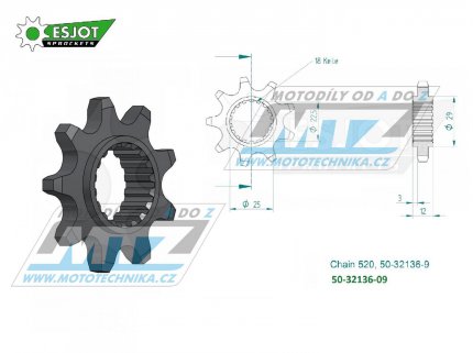 Koleko etzov (pastorek) 32136-09zub ESJOT 50-32136-09 - Gas-Gas Trial TXT Pro+TXT Contact+TXT GP+TXT Racing+TXT Raga+ TXTFactory / 02-22 + TXT125+200+249+250+280+300+321 + 50TXT Rookie + Vertigo Combat + TRS One / 16-18 + Polaris 330 Trail Blaze