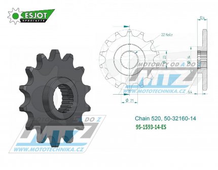 Koleko etzov (pastorek) 1593-14zub ESJOT 50-32160-14 - Yamaha YFM250R Raptor