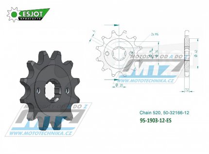 Koleko etzov (pastorek) 1903-12zub ESJOT 50-32166-12 - KTM 125 Duke + 125RC + 200 Duke + 200RC + Husqvarna 125 Svartpilen