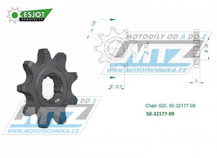 Koleko etzov (pastorek) 32177-09zub ESJOT 50-32177-09 - Sherco Trial 1.25 + Trial 2.5 + Trial 2.9 + Trial 3.0 / 99-22 + 125 X-Ride / 12-18 + Scorpa SR125+SR250+SR280 / 15-22 + Twenty 125+250+300