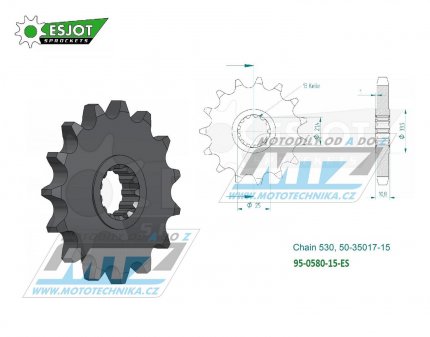 Koleko etzov (pastorek) 0580-15zub ESJOT 50-35017-15 - Yamaha FZ6+FZ6 Fazer + YZF750R+YZF-R6+YZF-R7+YZF1000R Thunder Ace+FZR1000R Exup + GTS1000 + FZ700+FZ750+FZX700+FZX750+FZR750