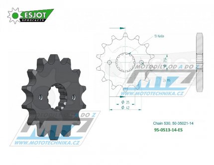 Koleko etzov (pastorek) 0513-14zub ESJOT 50-35021-14 - Suzuki GS400+GSX400 + GS550+GSF600+GS650+GSXR750+VZ800+RF900R+GSXR1100+GSF1200+GSXR1300R + Kawasaki Z250+GPZ500R+Z550+ZX600+Z650+Z750 + Yamaha RD350+SR500+FZR600 + Cagiva 1000 Raptor