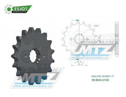 Koleko etzov (pastorek) 0513-17zub ESJOT 50-35021-17 - Suzuki GS400+GSX400 + GS550+GSF600+GS650+GSXR750+VZ800+RF900R+GSXR1100+GSF1200+GSXR1300R + Kawasaki Z250+GPZ500R+Z550+ZX600+Z650+Z750 + Yamaha RD350+SR500+FZR600 + Cagiva 1000 Raptor