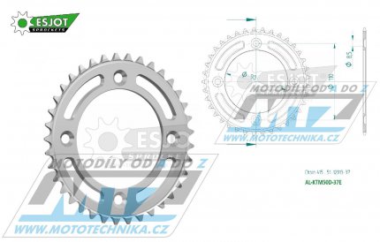 Rozeta etzov (pevodnk) Dural KTM50D-37zub ESJOT 51-12013-37 - KTM 50SX / 14-25 + SX-E5 + Husqvarna TC50 / 17-25 + Gas-Gas MC50