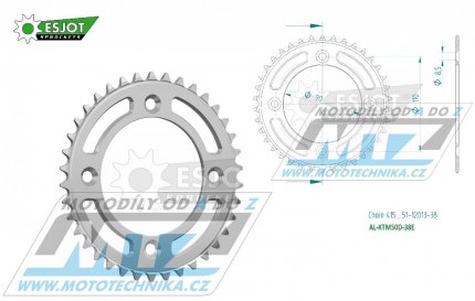 Rozeta etzov (pevodnk) Dural KTM50D-38zub ESJOT 51-12013-38 - KTM 50SX / 14-25 + SX-E5 + Husqvarna TC50 / 17-25 + Gas-Gas MC50