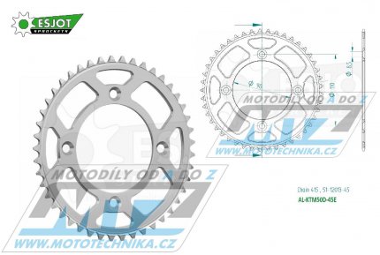 Rozeta etzov (pevodnk) Dural KTM50D-45zub ESJOT 51-12013-45 - KTM 50SX / 14-25 + SX-E5 + Husqvarna TC50 / 17-25 + Gas-Gas MC50