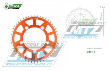 Rozeta etzov (pevodnk) Dural 0894-50zub ESJOT 51-13025-50SO - barva oranov - KTM 65SX / 02-24 + 60SX / 97-01 + Husqvarna TC65 / 17-24 + Gas-Gas MC65