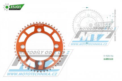 Rozeta etzov (pevodnk) Dural 0895-51zub ESJOT 51-15203-51SO - barva oranov - KTM 85SX / 03-24 + 105SX+XC85+XC105 + Husqvarna TC85 / 14-24 + Gas-Gas MC85