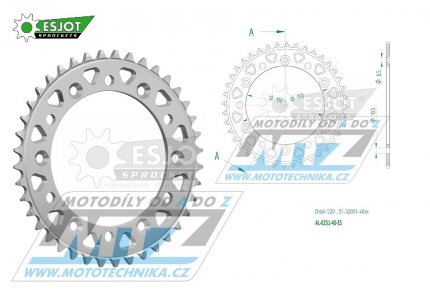 Rozeta etzov (pevodnk) Dural 0251-40zub ESJOT 51-32001-40 - barva stbrn - Yamaha YZ125+YZ250 + YZF250+YZF400+YZF426+YZF450+YZF450X + WRF250+WRF400+WRF426+WRF450 + TTR230 + Honda XR250+XR350+XR500 + XL250+XL400+XL500