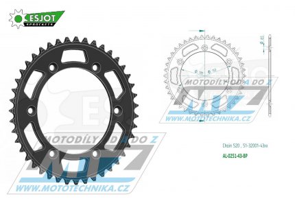 Rozeta etzov (pevodnk) Dural 0251-43zub ESJOT 51-32001-43BP - barva ern elox - Yamaha YZ125+YZ250 + YZF250+YZF400+YZF426+YZF450+YZF450X + WRF250+WRF400+WRF426+WRF450 + TTR230 + Honda XR250+XR350+XR500 + XL250+XL400+XL500