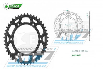 Rozeta etzov (pevodnk) Dural 0251-44zub ESJOT 51-32001-44BP - barva ern elox - Yamaha YZ125+YZ250 + YZF250+YZF400+YZF426+YZF450+YZF450X + WRF250+WRF400+WRF426+WRF450 + TTR230 + Honda XR250+XR350+XR500 + XL250+XL400+XL500