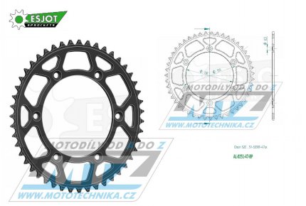 Rozeta etzov (pevodnk) Dural 0251-47zub ESJOT 51-32001-47BP - barva ern elox - Yamaha YZ125+YZ250 + YZF250+YZF400+YZF426+YZF450+YZF450X + WRF250+WRF400+WRF426+WRF450 + TTR230 + Honda XR250+XR350+XR500 + XL250+XL400+XL500