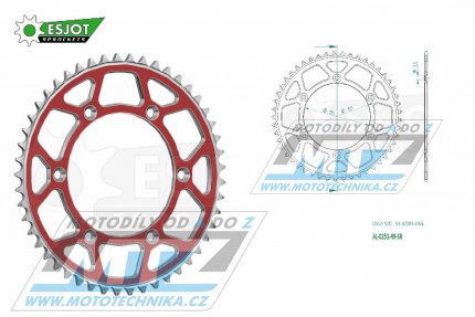 Rozeta etzov (pevodnk) Dural 0251-49zub ESJOT 51-32001-49SR - barva erven - Yamaha YZ125+YZ250 + YZF250+YZF400+YZF426+YZF450+YZF450X + WRF250+WRF400+WRF426+WRF450 + TTR230 + Honda XR250+XR350+XR500 + XL250+XL400+XL500