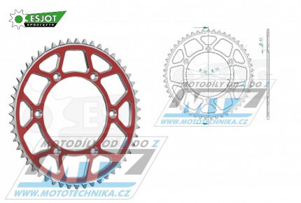 Rozeta etzov (pevodnk) Dural 0251-52zub ESJOT 51-32001-52SR - barva erven - Yamaha YZ125+YZ250 + YZF250+YZF400+YZF426+YZF450+YZF450X + WRF250+WRF400+WRF426+WRF450 + TTR230 + Honda XR250+XR350+XR500 + XL250+XL400+XL500