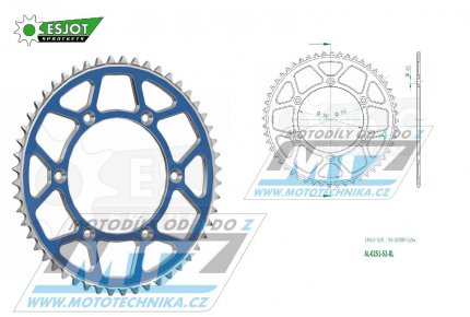 Rozeta etzov (pevodnk) Dural 0251-52zub ESJOT 51-32001-52SBL - barva modr - Yamaha YZ125+YZ250 + YZF250+YZF400+YZF426+YZF450+YZF450X + WRF250+WRF400+WRF426+WRF450 + TTR230 + Honda XR250+XR350+XR500 + XL250+XL400+XL500