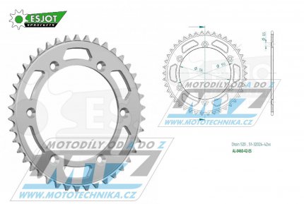 Rozeta etzov (pevodnk) Dural 0460-42zub ESJOT 51-32024-42 - barva stbrn - Kawasaki KX125+KX250+KX500 +KXF250+KXF450+KDX175+KDX200+KDX220R+KDX250+KLX250R+KLX250 D-Tracker +KLX250+KLX250SF+KLX300+KLX450R+KLX650R + Suzuki RM-Z250