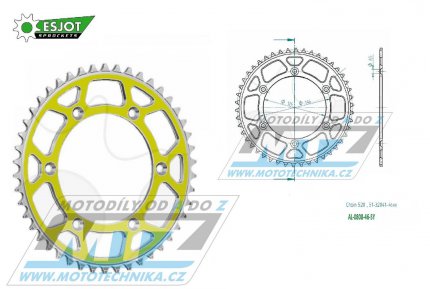 Rozeta etzov (pevodnk) Dural 0808-46zub ESJOT 51-32041-46SY - barva lut - Suzuki RM125 / 80-11+RM250 / 82-12+RMX250 / 89-00+RMZ250 / 07-20+RMZ450 / 05-20+RMX450Z / 10-19+DRZ250 / 01-07+DR350 / 96-99+DRZ400S / 00-20+DRZ400E / 00-07 + Kawasaki