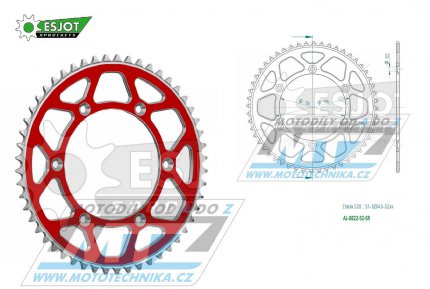 Rozeta etzov (pevodnk) Dural 0822-52zub ESJOT 51-32043-52SR - barva erven - Husqvarna CR+WR+TC+TE+WRE+TXC+SM+SMR + Suzuki DR350+DRZ400 + Cagiva WMX + Gas-Gas EC+ECF+XC+Ranger + Beta RR + Sherco SE+SEF + Rieju MR+XC+Ranger