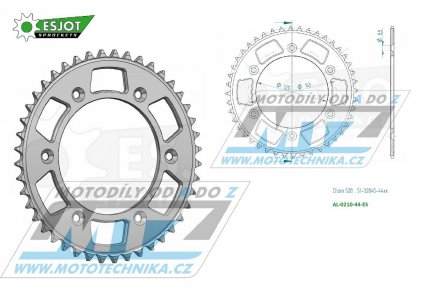 Rozeta etzov (pevodnk) Dural 0210-44zub ESJOT 51-32045-44 - barva stbrn - Honda CR125+CR250+CR500 + CRF250R+CRF250X+CRF450R+CRF450X+CRF450RX+CRF450L + CRM250+CRF150F + CRF230F / 03-21 + XR250S+XL250S+XL250 + XR250R+XR400R / 96-04 + XR650R /