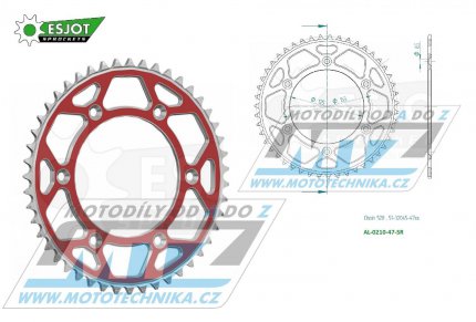 Rozeta etzov (pevodnk) Dural 0210-47zub ESJOT 51-32045-47SR - barva erven - Honda CR125+CR250+CR500 + CRF250R+CRF250X+CRF450R+CRF450X+CRF450RX+CRF450L + CRM250+CRF150F + CRF230F / 03-21 + XR250S+XL250S+XL250 + XR250R+XR400R / 96-04 + XR650R /