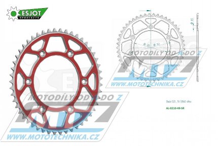 Rozeta etzov (pevodnk) Dural 0210-49zub ESJOT 51-32045-49SR - barva erven - Honda CR125+CR250+CR500 + CRF250R+CRF250X+CRF450R+CRF450X+CRF450RX+CRF450L + CRM250+CRF150F + CRF230F / 03-21 + XR250S+XL250S+XL250 + XR250R+XR400R / 96-04 + XR650R /