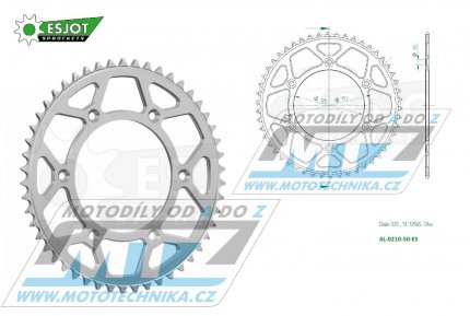 Rozeta etzov (pevodnk) Dural 0210-50zub ESJOT 51-32045-50 - barva stbrn - Honda CR125+CR250+CR500 + CRF250R+CRF250X+CRF450R+CRF450X+CRF450RX+CRF450L + CRM250+CRF150F + CRF230F / 03-21 + XR250S+XL250S+XL250 + XR250R+XR400R / 96-04 + XR650R /