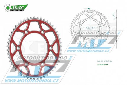 Rozeta etzov (pevodnk) Dural 0210-50zub ESJOT 51-32045-50SR - barva erven - Honda CR125+CR250+CR500 + CRF250R+CRF250X+CRF450R+CRF450X+CRF450RX+CRF450L + CRM250+CRF150F + CRF230F / 03-21 + XR250S+XL250S+XL250 + XR250R+XR400R / 96-04 + XR650R /