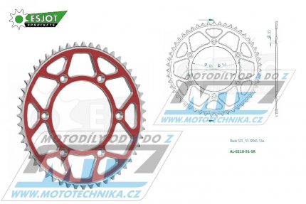 Rozeta etzov (pevodnk) Dural 0210-51zub ESJOT 51-32045-51SR - barva erven - Honda CR125+CR250+CR500 + CRF250R+CRF250X+CRF450R+CRF450X+CRF450RX+CRF450L + CRM250+CRF150F + CRF230F / 03-21 + XR250S+XL250S+XL250 + XR250R+XR400R / 96-04 + XR650R /