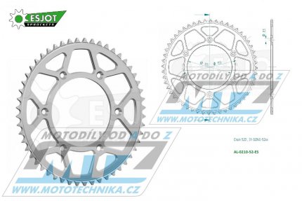 Rozeta etzov (pevodnk) Dural 0210-52zub ESJOT 51-32045-52 - barva stbrn - Honda CR125+CR250+CR500 + CRF250R+CRF250X+CRF450R+CRF450X+CRF450RX+CRF450L + CRM250+CRF150F + CRF230F / 03-21 + XR250S+XL250S+XL250 + XR250R+XR400R / 96-04 + XR650R /