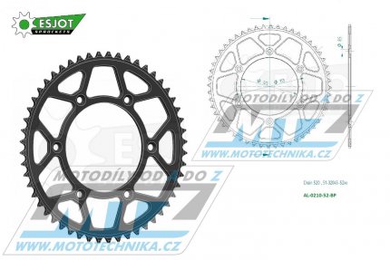 Rozeta etzov (pevodnk) Dural 0210-52zub ESJOT 51-32045-52BP - barva ern elox - Honda CR125+CR250+CR500 + CRF250R+CRF250X+CRF450R+CRF450X+CRF450RX+CRF450L + CRM250+CRF150F + CRF230F / 03-21 + XR250S+XL250S+XL250 + XR250R+XR400R / 96-04 + XR650