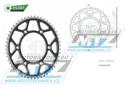 Rozeta etzov (pevodnk) Dural 0210-52zub ESJOT 51-32045-52SB - barva ern - Honda CR125+CR250+CR500 + CRF250R+CRF250X+CRF450R+CRF450X+CRF450RX+CRF450L + CRM250+CRF150F + CRF230F / 03-21 + XR250S+XL250S+XL250 + XR250R+XR400R / 96-04 + XR650