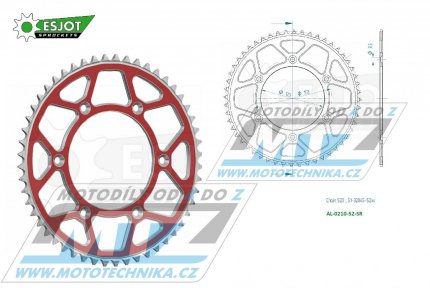 Rozeta etzov (pevodnk) Dural 0210-52zub ESJOT 51-32045-52SR - barva erven - Honda CR125+CR250+CR500 + CRF250R+CRF250X+CRF450R+CRF450X+CRF450RX+CRF450L + CRM250+CRF150F + CRF230F / 03-21 + XR250S+XL250S+XL250 + XR250R+XR400R / 96-04 + XR650R /