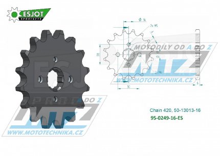 Koleko etzov (pastorek) 0249-16zub ESJOT 50-13013-16 - Kawasaki KLX110 + KLX110L + AE50 + AR50A1 + AE80 + MAX100 + Honda ST50 + 125 Supra-X + ANF125 Innova + C125 + Suzuki DRZ110 + Kymco 110 Visa-R + 125 Jetix