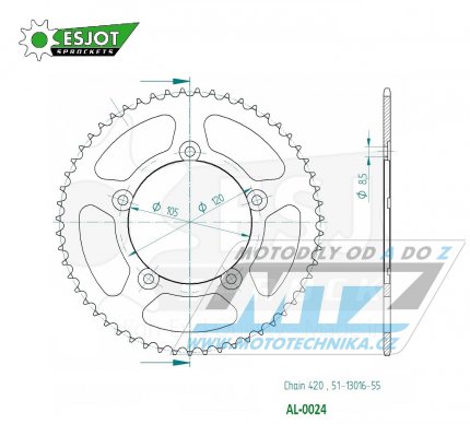 Rozeta etzov (pevodnk) Dural 0024-55zub ESJOT 51-13016-55 - Aprilia 50MX+50SM / 03-06 + 50RX / 98-05 + 50MX / 04-06 + Generic 50SM Trigger / 07-09 + Generic 50X Trigger / 09 + Yamaha DT50SM Supermotard / 02