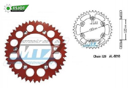 Rozeta etzov (pevodnk) Dural 0210-47zub ESJOT 51-32045-47SR - barva erven - Honda CR125+CR250+CR500 + CRF250R+CRF250X+CRF450R+CRF450X+CRF450RX+CRF450L + CRM250+CRF150F + CRF230F / 03-21 + XR250S+XL250S+XL250 + XR250R+XR400R / 96-04 + XR650R /