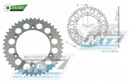 Rozeta etzov (pevodnk) Dural 0251-44zub ESJOT 51-32001-44 - barva stbrn - Yamaha YZ125+YZ250 + YZF250+YZF400+YZF426+YZF450+YZF450X + WRF250+WRF400+WRF426+WRF450 + TTR230 + Honda XR250+XR350+XR500 + XL250+XL400+XL500