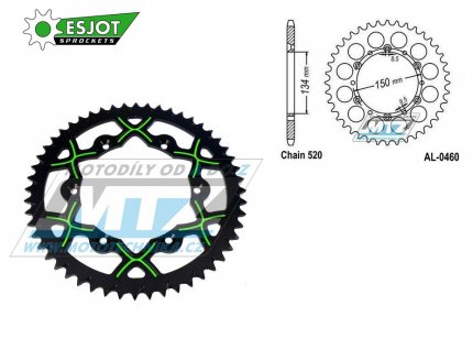 Rozeta etzov (pevodnk) Dural 0460-51zub ESJOT - 53-32024-51BG - barva zeleno-ern - Kawasaki KX125+KX250 +KX500+KXF250+KXF450+KDX175+KDX200+KDX220R+KDX250+KLX250R+KLX250 D-Tracker +KLX250+KLX250SF+KLX300+KLX450R+KLX650R + Suzuki RM-Z250