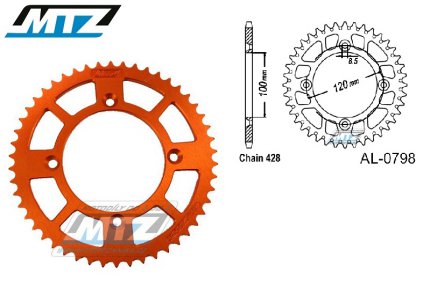 Rozeta etzov (pevodnk) Dural 0798-50zub MTZ oranov - Suzuki RM80 / 83-01 + RM85 / 02-20 + Yamaha YZ80 / 93-01 + YZ85 / 02-20 + Beta RR125 / 06-12