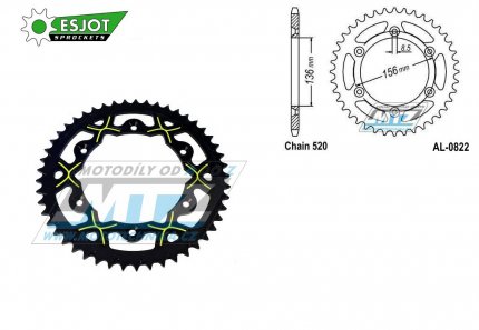 Rozeta etzov (pevodnk) Dural 0822-50zub ESJOT 53-32043-50BY - barva luto-ern - Husqvarna CR+WR+TC+TE+WRE+TXC+SM+SMR + Suzuki DR350+DRZ400 + Cagiva WMX + Gas-Gas EC+ECF+XC+Ranger + Beta RR + Sherco SE+SEF + Rieju MR+XC+Ranger