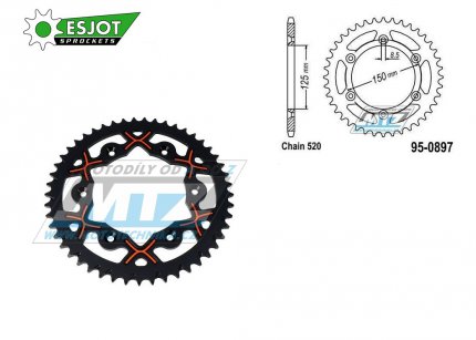 Rozeta etzov (pevodnk) Dural 0897-52zub ESJOT 53-32065-52BO - barva oranova-ern - KTM 125SX+250SXF+ 360EXC+400EXCF+300XC+450XCF+440MX+790 Adventure+620 EGS+690 Duke+125LC2+ 350LC4+525SMR+690SMC + Husaberg TE250+FC350+FE450+FS450+FX450 + Husq