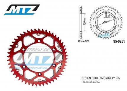 Rozeta etzov (pevodnk) 0251-50zub MTZ ALU erven - Yamaha YZ125+YZ250 + YZF250+YZF400+YZF426+YZF450+YZF450X + WRF250+WRF400+WRF426+WRF450 + TTR230 + Honda XR250+XR350+XR500 + XL250+XL400+XL500