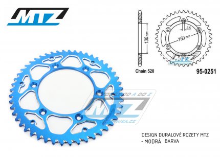 Rozeta etzov (pevodnk) 0251-50zub MTZ ALU modr - Yamaha YZ125+YZ250 + YZF250+YZF400+YZF426+YZF450+YZF450X + WRF250+WRF400+WRF426+WRF450 + TTR230 + Honda XR250+XR350+XR500 + XL250+XL400+XL500