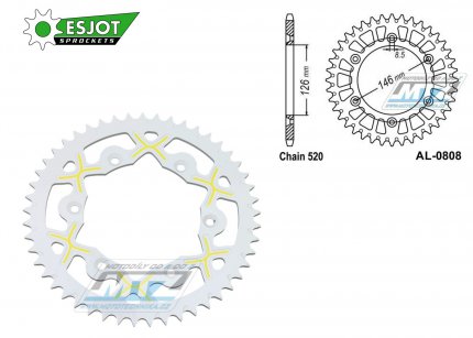 Rozeta etzov (pevodnk) Dural 0808-49zub ESJOT 53-32041-49WY - barva bl - Suzuki RM125 / 80-11+RM250 / 82-12+RMX250 / 89-00+RMZ250 / 07-20+RMZ450 / 05-20+RMX450Z / 10-19+DRZ250 / 01-07+DR350 / 96-99+DRZ400S / 00-20+DRZ400E / 00-07 + Kawasaki K