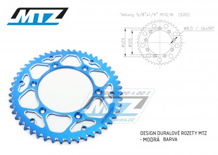 Rozeta etzov (pevodnk) Dural TM-52zub MTZ modr - TM MX125+MX144+MX250+MX250F+MX450F+MX530F / 92-22 + EN125+EN144+EN250+EN300+EN250F+EN300F+EN450F+EN530F / 92-22 + MX80