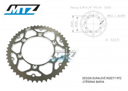 Rozeta etzov (pevodnk) Dural TM-51zub MTZ stbrn - TM MX125+MX144+MX250+MX250F+MX450F+MX530F / 92-22 + EN125+EN144+EN250+EN300+EN250F+EN300F+EN450F+EN530F / 92-22 + MX80