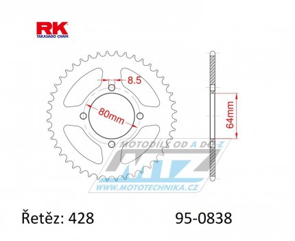 Rozeta ocelov (pevodnk) 0838-43zub RK - Yamaha YBR125+YB125 + DT100+F1Z 110 + RD125+RS100+RS125DX+RSX100 + YBA125 Enticer + T105+T110+T115 Crypton R + 135 Crypton X + Suzuki DRZ50+DRZ70 + Kawasaki Z125 + SYM XS125 + Yuki 125