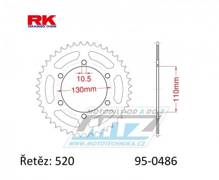 Rozeta ocelov (pevodnk) 0486-41zub RK - Kawasaki KR250A + ZR550B Zephyr + GPX250R + GPZ500S + EX300 Ninja + EX400 Ninja + KLE300B Versys-X + Z400D + Suzuki GSX-R600 + GSX-R1000 + Yamaha FZ6 + FZ6 Fazer + YZF R1 + YZF R3 + YZF R6